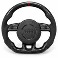 Volant carbone pour Audi A3, S3 et RS3 8V vu de face, côtés en alcantara noir, repère rouge au sommet