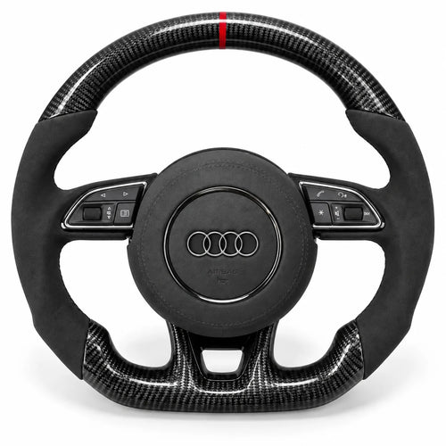 Volant carbone pour Audi A3, S3 et RS3 8V vu de face, côtés en alcantara noir, repère rouge au sommet