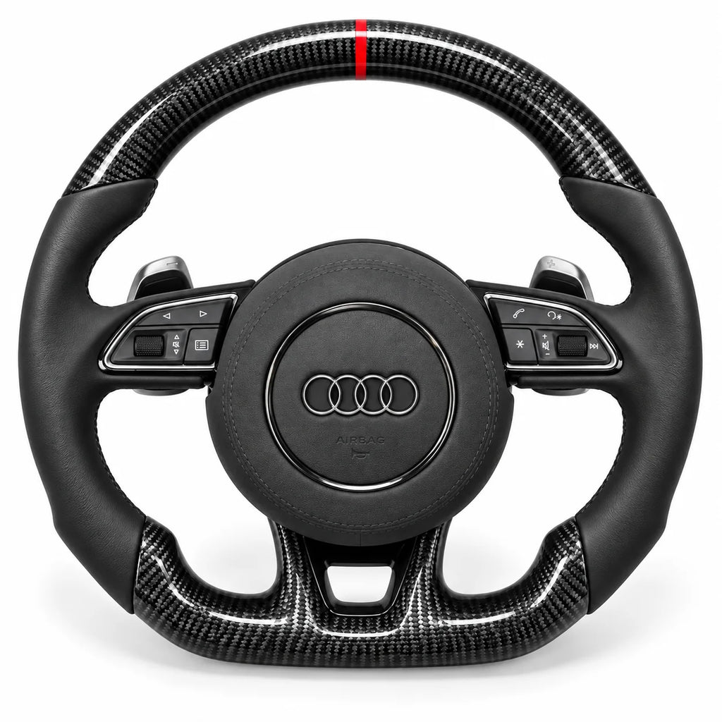 Version cuir lisse noir du même volant, haut et bas en carbone brillant, Audi A3, S3 et RS3 8V (palettes au volant en option, non comprises)
