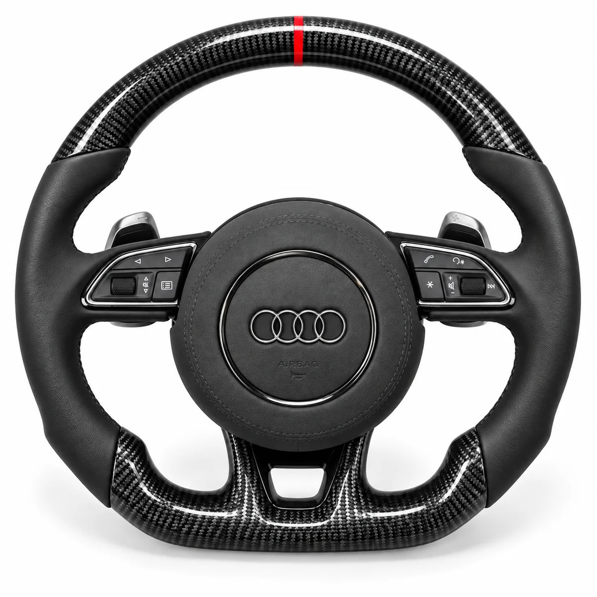 Version cuir lisse noir du même volant, haut et bas en carbone brillant, Audi A3, S3 et RS3 8V (palettes au volant en option, non comprises)
