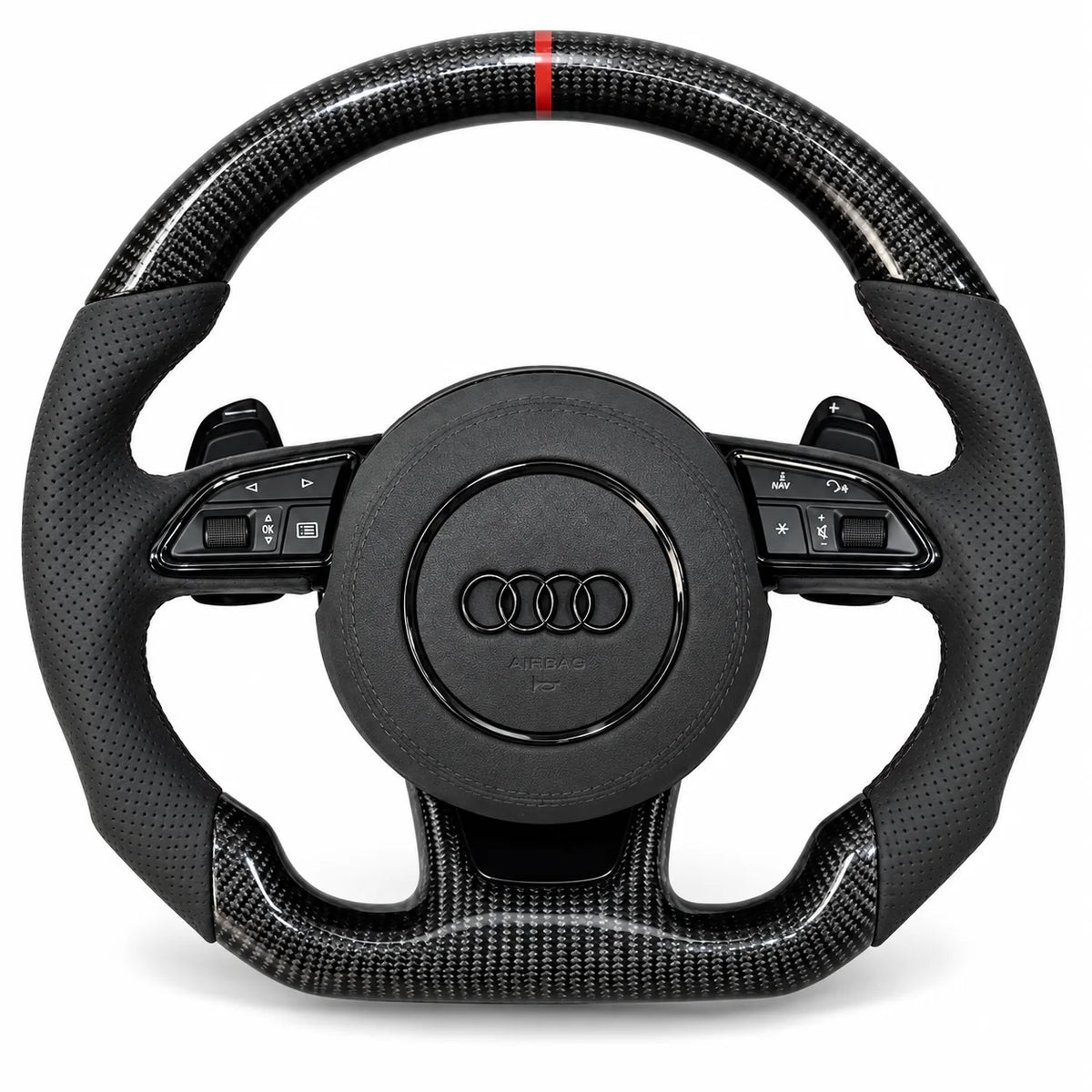 Version cuir perforé noir du même volant, haut et bas en carbone brillant, modèle Audi A3 8V (palettes au volant en option, non comprises)