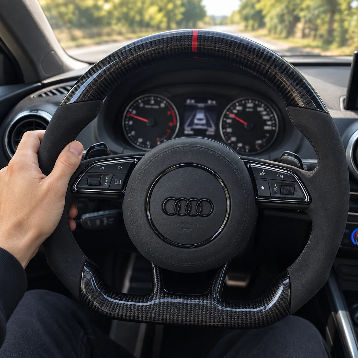 Main posée sur la prise, jonction entre le carbone et le côté en alcantara, Audi A3 8V