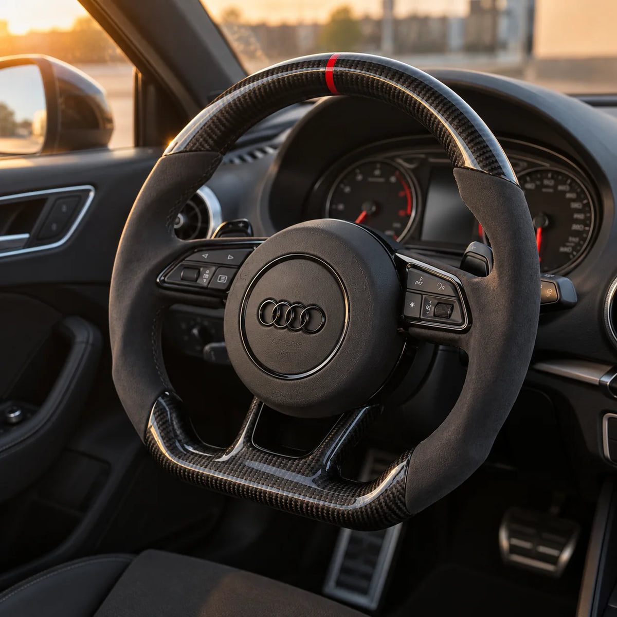 Audi A3 8V : volant monté vu depuis le siège passager, bas plat et carbone brillant