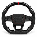 Volant carbone pour Audi A3, S3 et RS3 8Y vu de face, côtés en alcantara noir, repère rouge au sommet