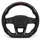 Volant carbone pour Audi A3, S3 et RS3 8Y vu de face, côtés en alcantara noir, repère rouge au sommet