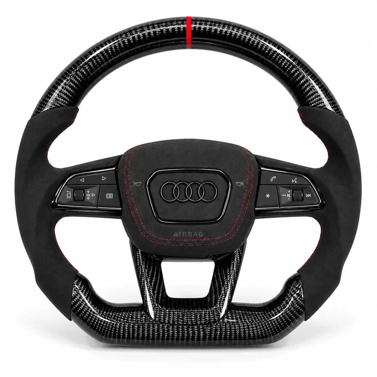 Volant carbone pour Audi A3, S3 et RS3 8Y vu de face, côtés en alcantara noir, repère rouge au sommet