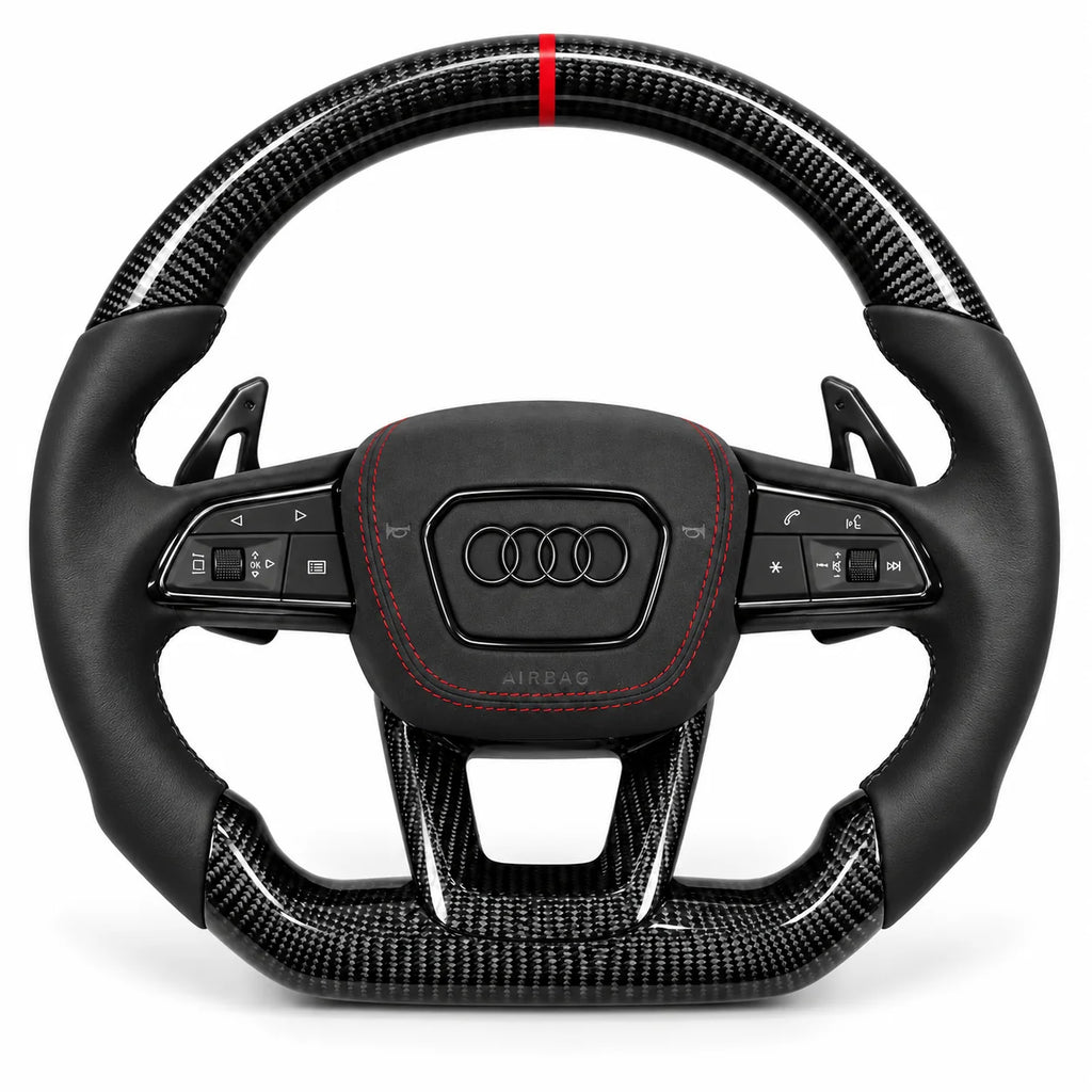 Version cuir lisse noir du même volant, haut et bas en carbone brillant, Audi A3, S3 et RS3 8Y (palettes au volant en option, non comprises)
