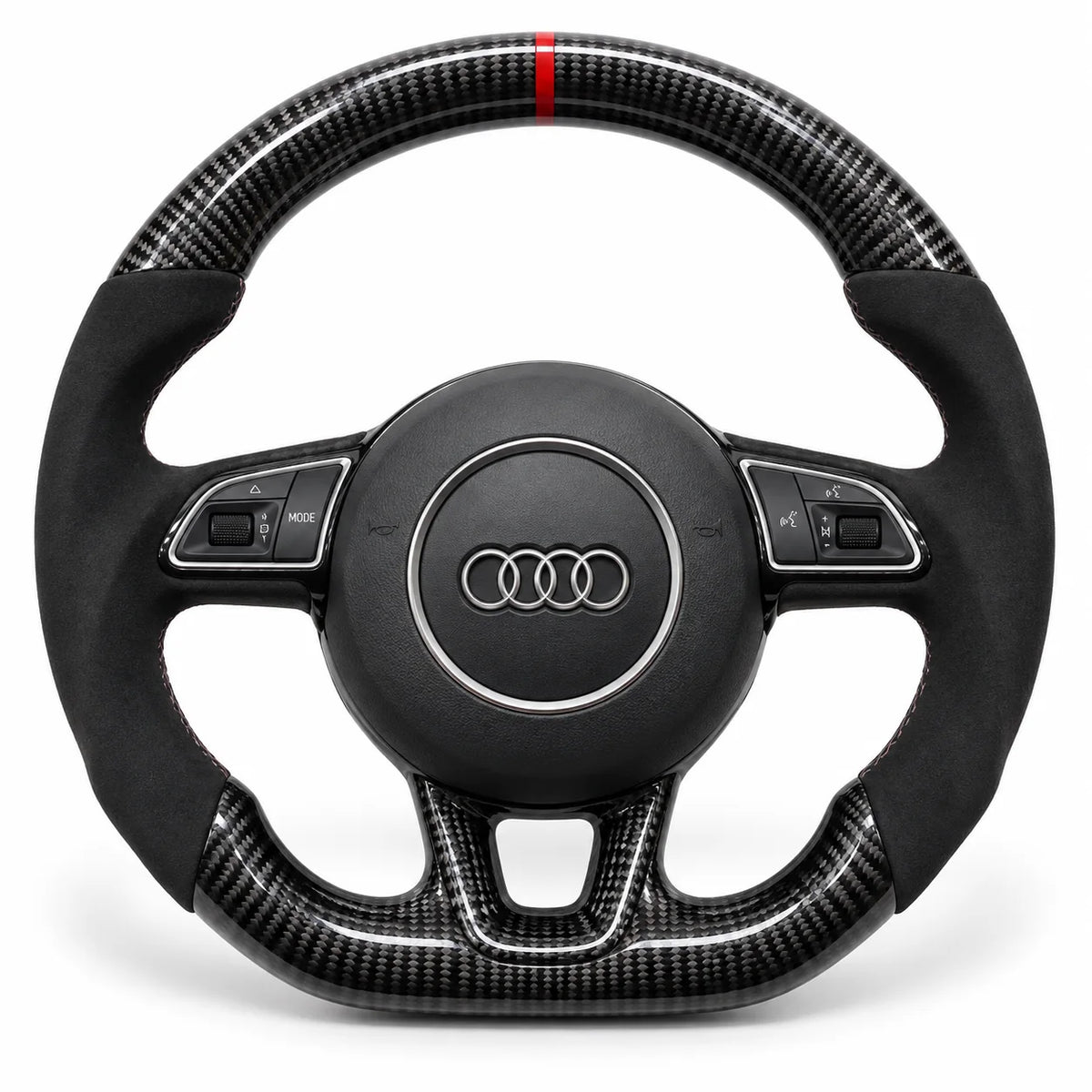 Volant carbone pour Audi A4 et A5 B8 vu de face, côtés en alcantara noir, repère rouge au sommet