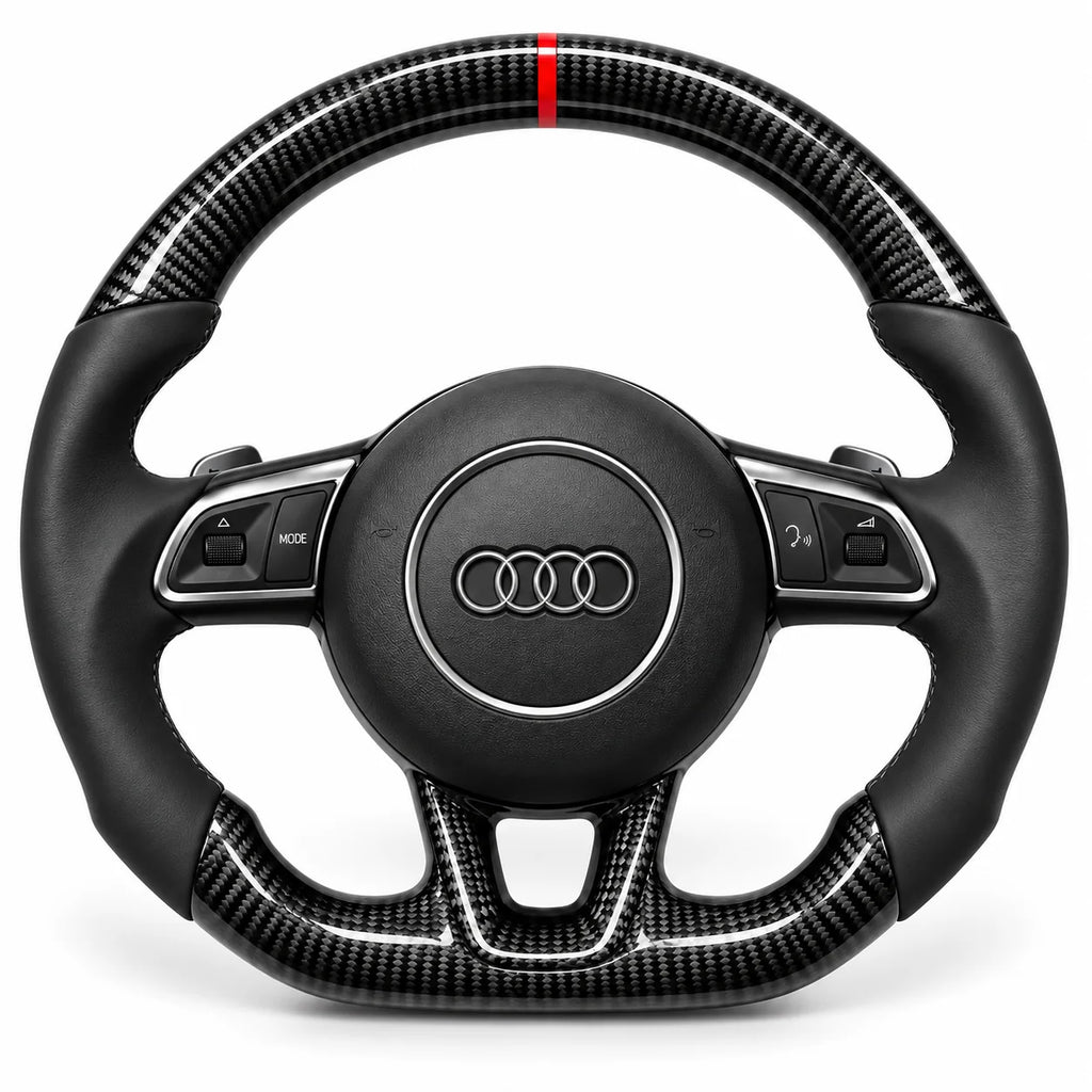 Version cuir lisse noir du même volant, haut et bas en carbone brillant, Audi A4 et A5 B8 (palettes au volant en option, non comprises)