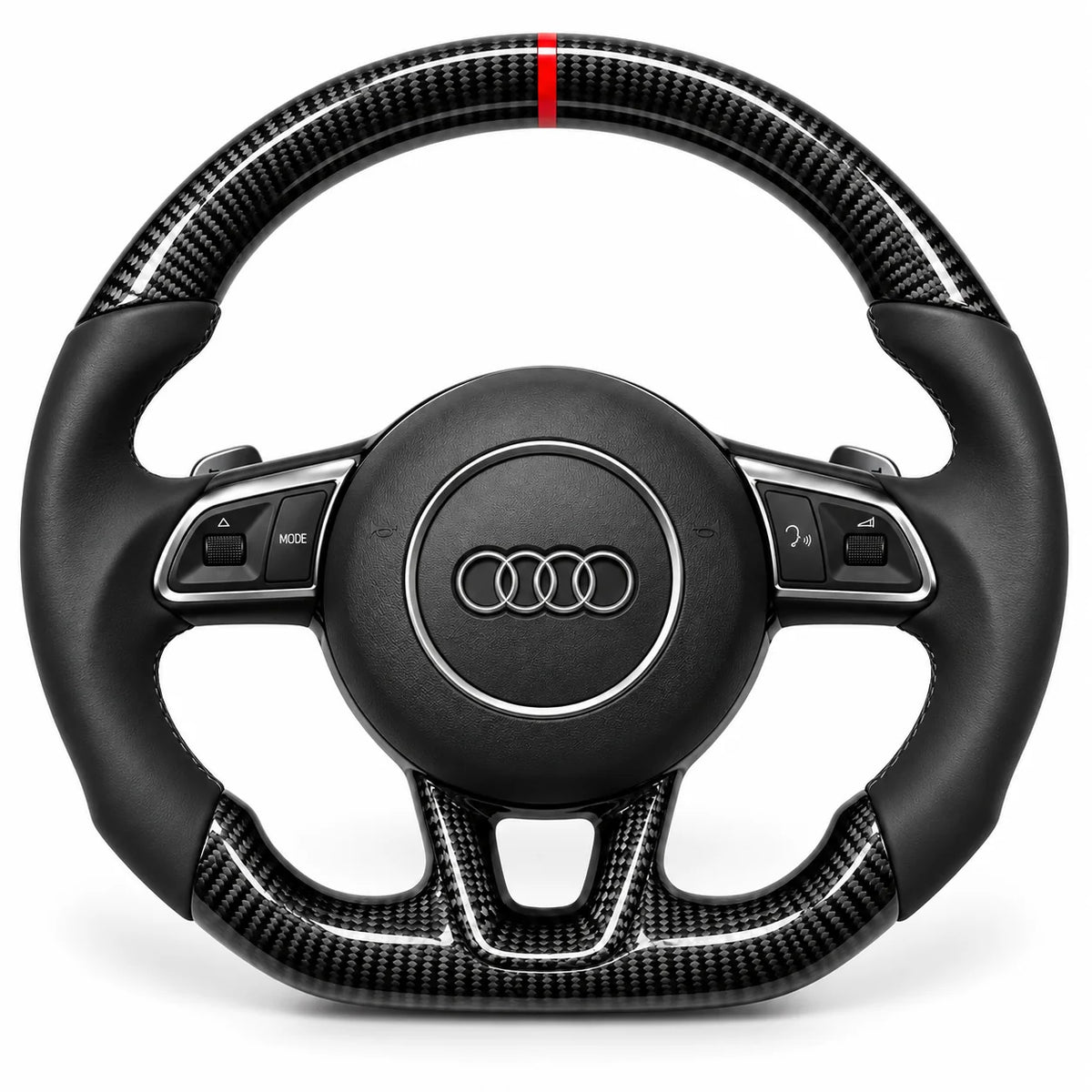 Version cuir lisse noir du même volant, haut et bas en carbone brillant, Audi A4 et A5 B8 (palettes au volant en option, non comprises)