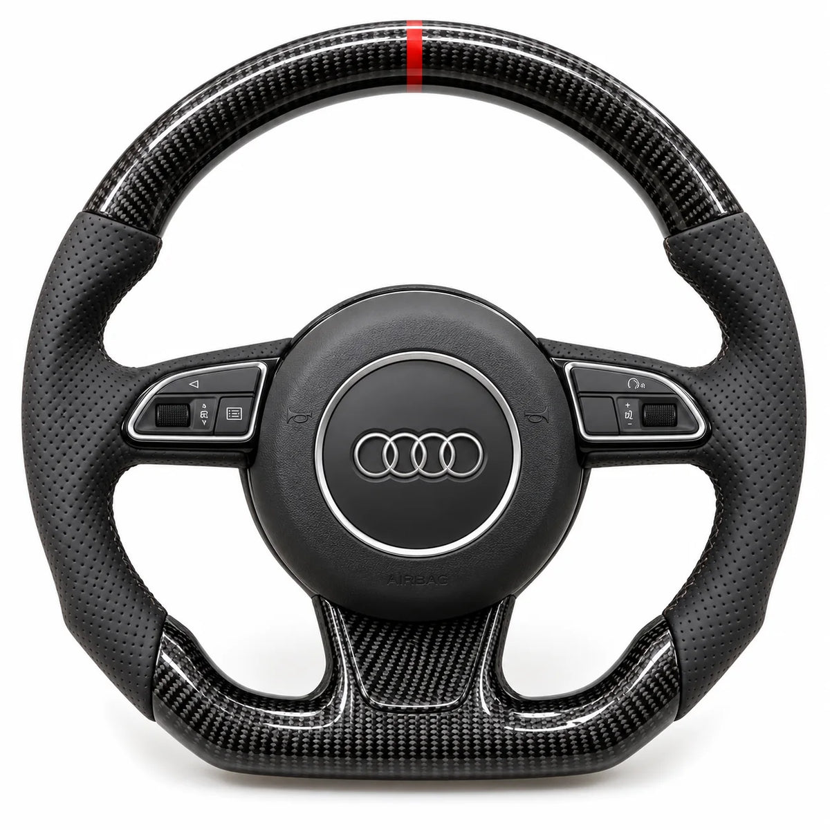 Version cuir perforé noir du même volant, haut et bas en carbone brillant, modèle Audi A4 B8