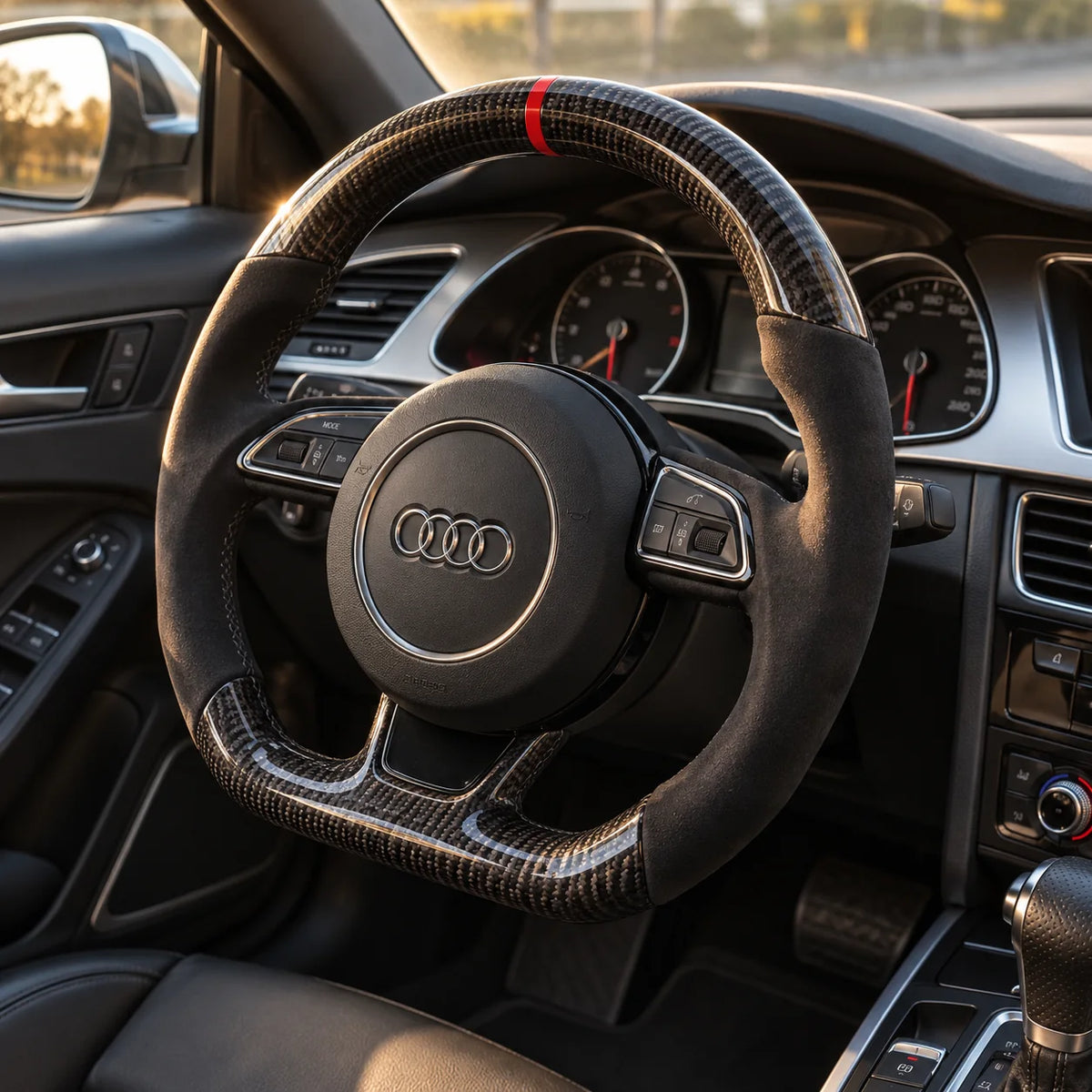 Audi A4 B8 : volant monté vu depuis le siège passager, bas plat et carbone brillant
