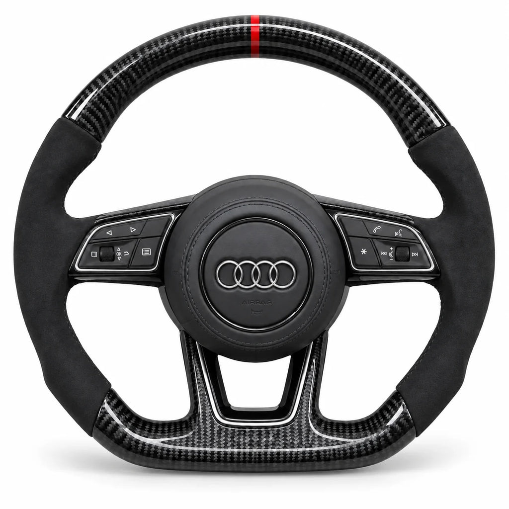 Volant carbone pour Audi A4, A5, RS4 et RS5 B9 vu de face, côtés en alcantara noir, repère rouge au sommet