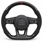 Volant carbone pour Audi A4, A5, RS4 et RS5 B9 vu de face, côtés en alcantara noir, repère rouge au sommet
