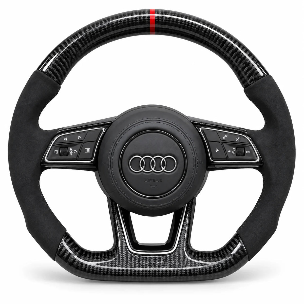 Volant carbone pour Audi A4, A5, RS4 et RS5 B9 vu de face, côtés en alcantara noir, repère rouge au sommet