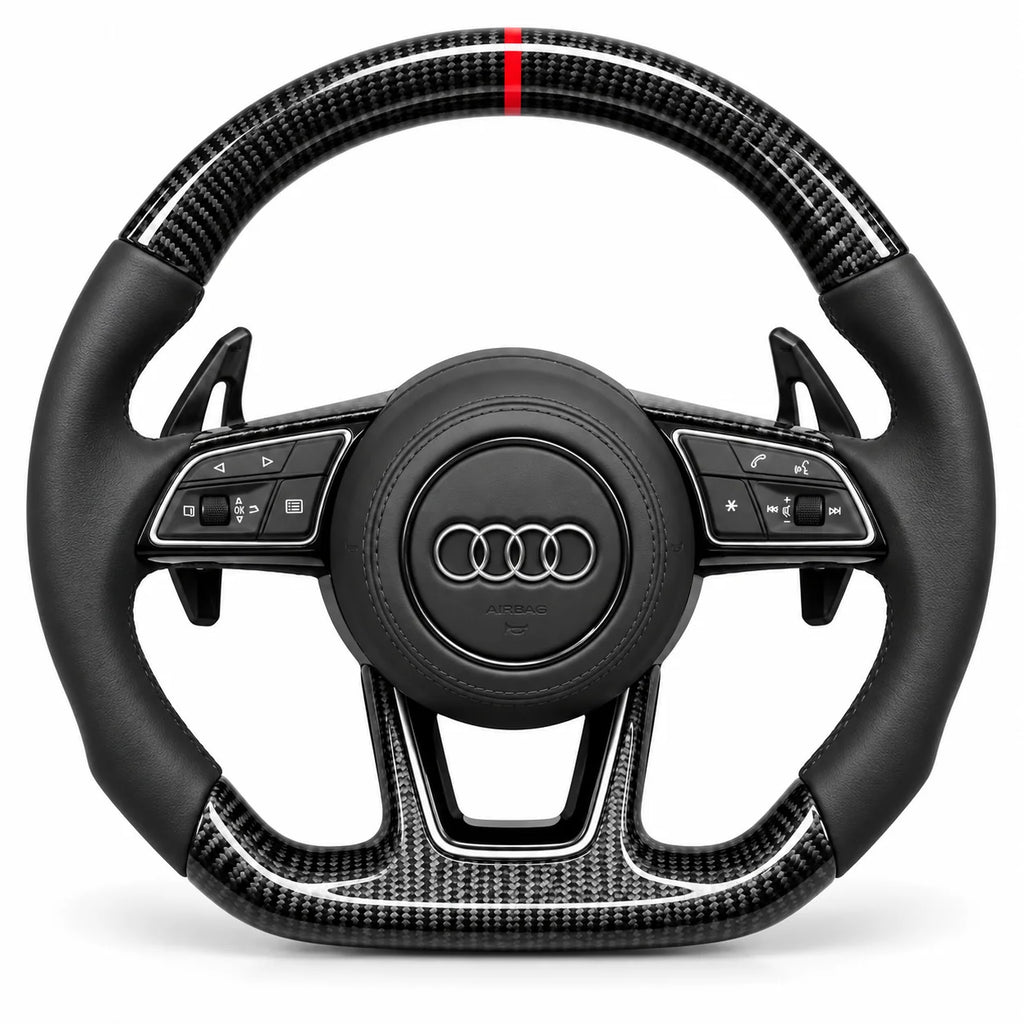 Version cuir lisse noir du même volant, haut et bas en carbone brillant, Audi A4, A5, RS4 et RS5 B9