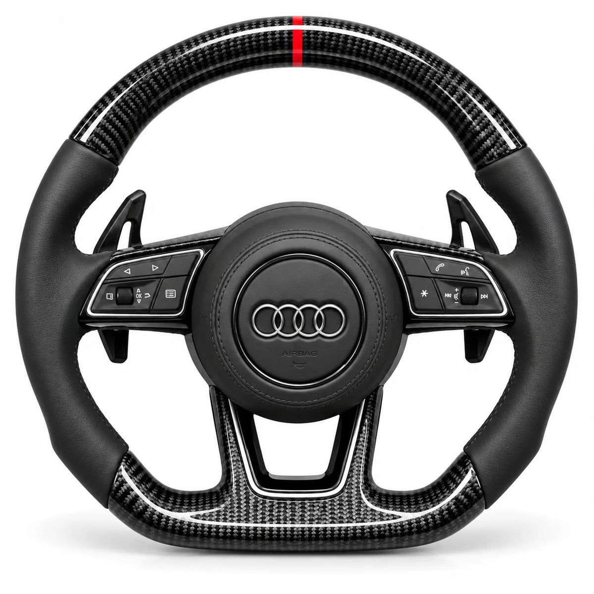 Version cuir lisse noir du même volant, haut et bas en carbone brillant, Audi A4, A5, RS4 et RS5 B9