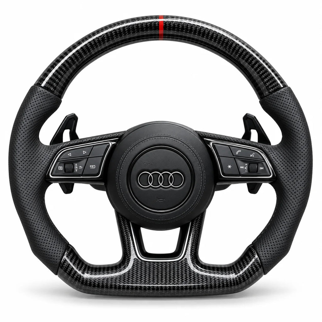 Version cuir perforé noir du même volant, haut et bas en carbone brillant, Audi A4 B9 (palettes au volant en option, non comprises)