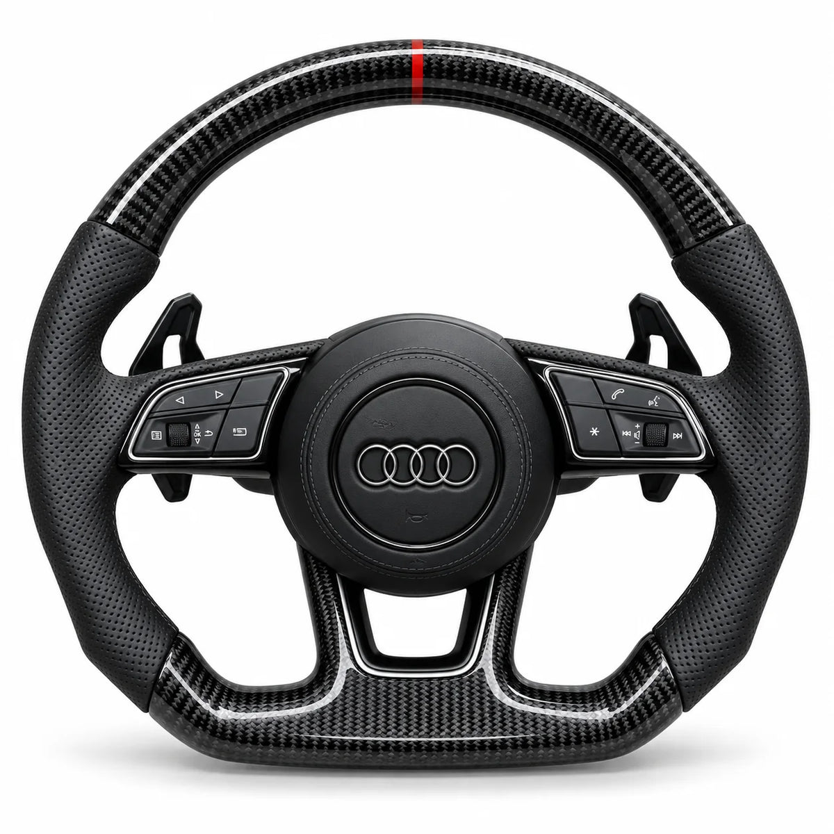 Version cuir perforé noir du même volant, haut et bas en carbone brillant, Audi A4 B9 (palettes au volant en option, non comprises)