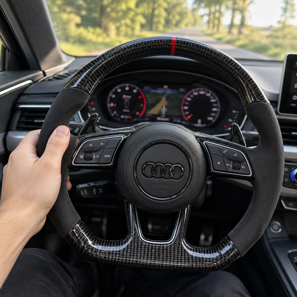 Main posée sur la prise, jonction entre le carbone et le côté en alcantara, modèle Audi A4 B9