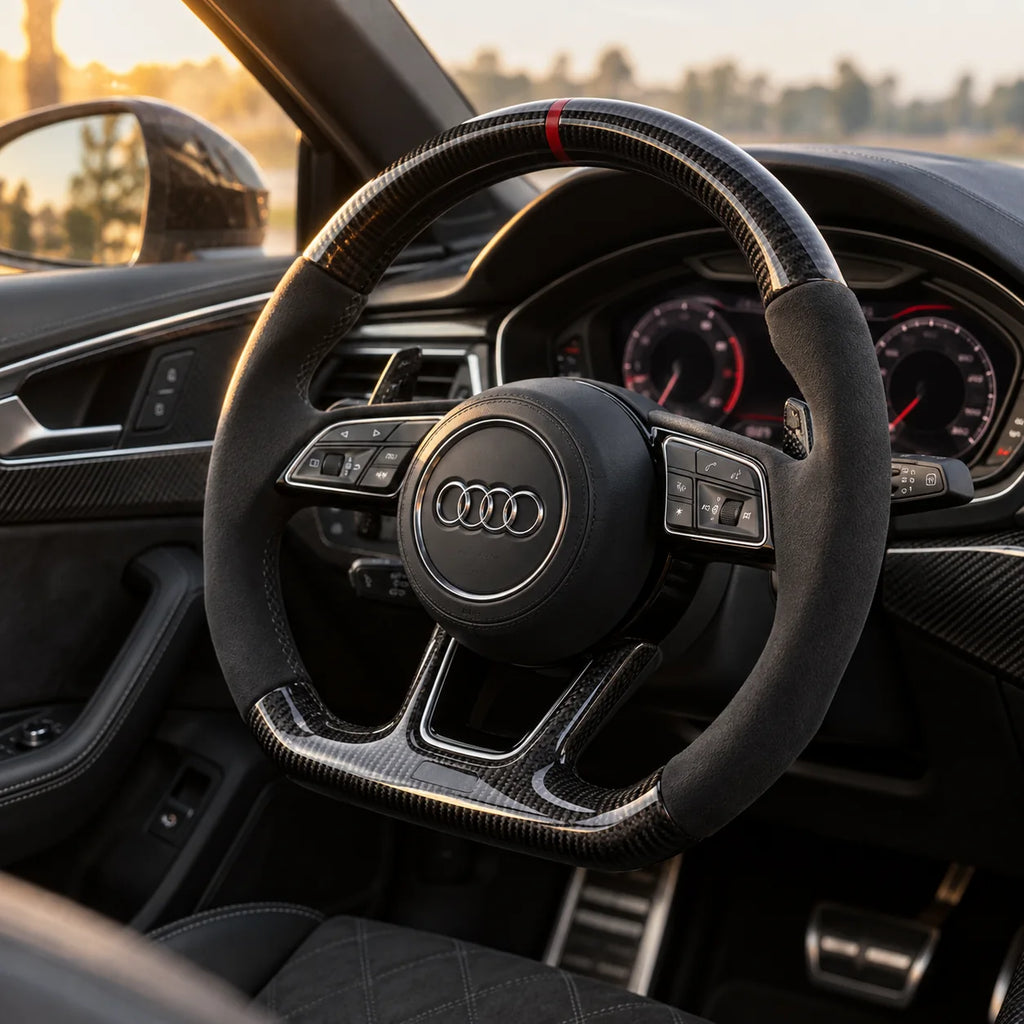 Audi A4 B9 : volant monté vu depuis le siège passager, bas plat et carbone brillant