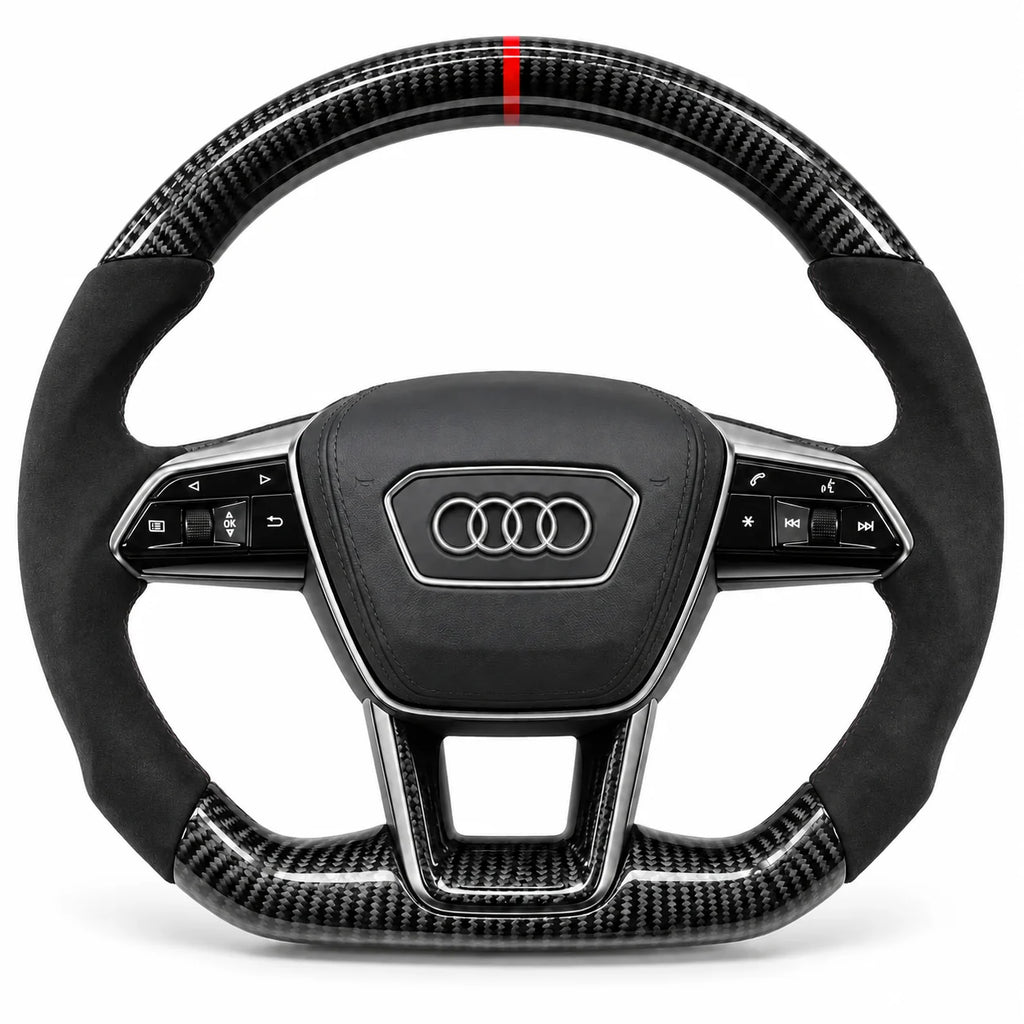 Volant carbone pour Audi RS6, RS7 et A6 C8 vu de face, côtés en alcantara noir, repère rouge au sommet