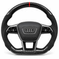 Volant carbone pour Audi RS6, RS7 et A6 C8 vu de face, côtés en alcantara noir, repère rouge au sommet