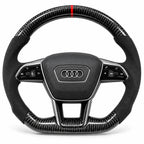 Volant carbone pour Audi RS6, RS7 et A6 C8 vu de face, côtés en alcantara noir, repère rouge au sommet