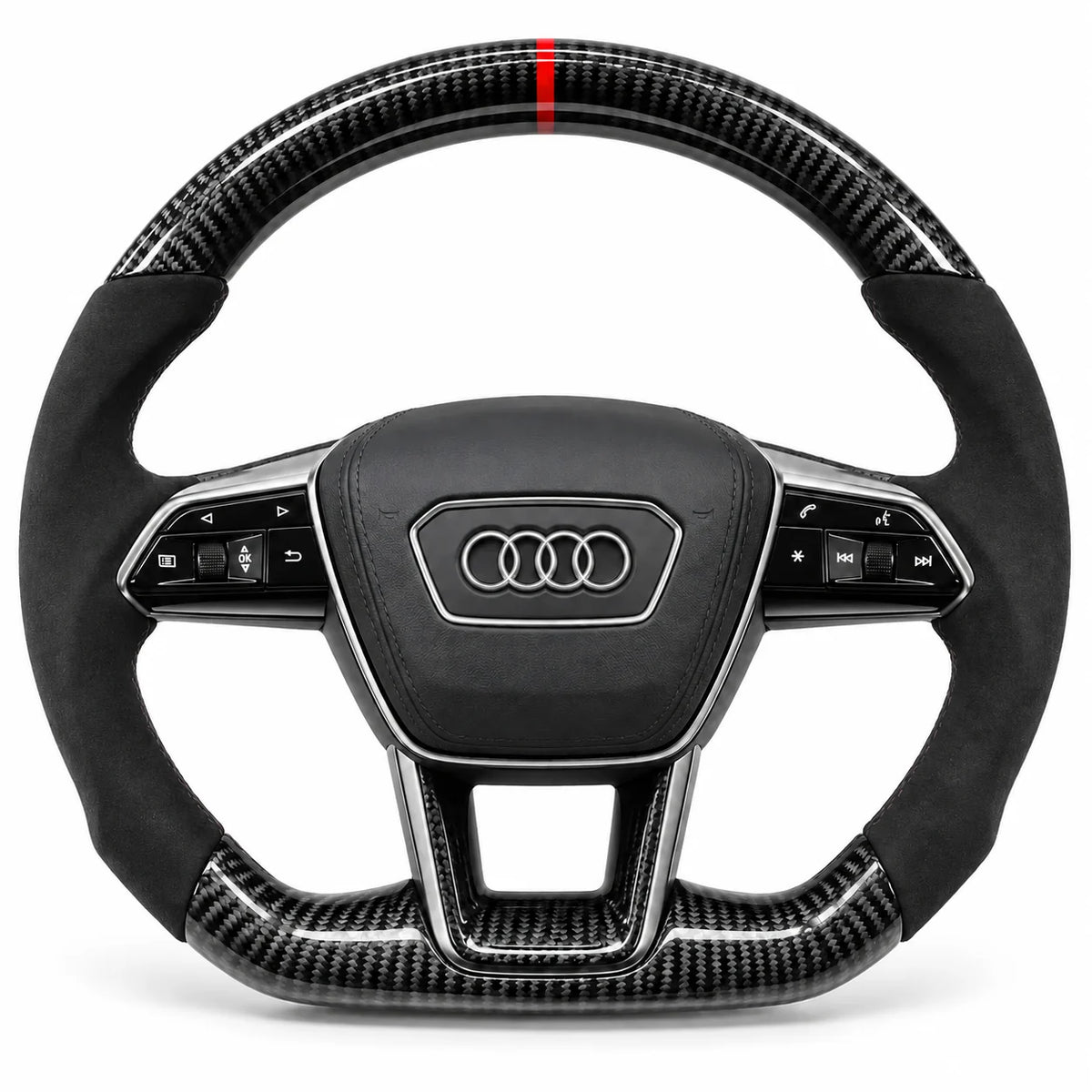 Volant carbone pour Audi RS6, RS7 et A6 C8 vu de face, côtés en alcantara noir, repère rouge au sommet