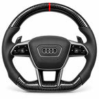 Version cuir lisse noir du même volant, haut et bas en carbone brillant, Audi RS6, RS7 et A6 C8 (palettes au volant en option, non comprises)