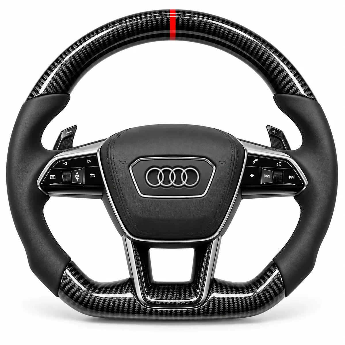 Version cuir lisse noir du même volant, haut et bas en carbone brillant, Audi RS6, RS7 et A6 C8 (palettes au volant en option, non comprises)