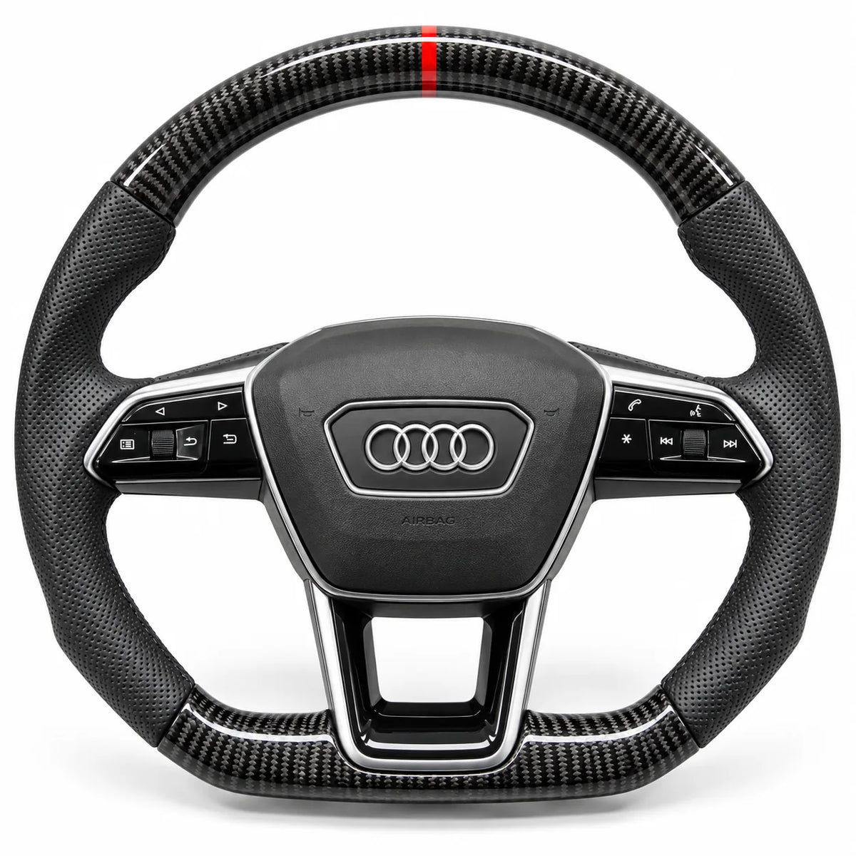 Version cuir perforé noir du même volant, haut et bas en carbone brillant, Audi RS6 C8
