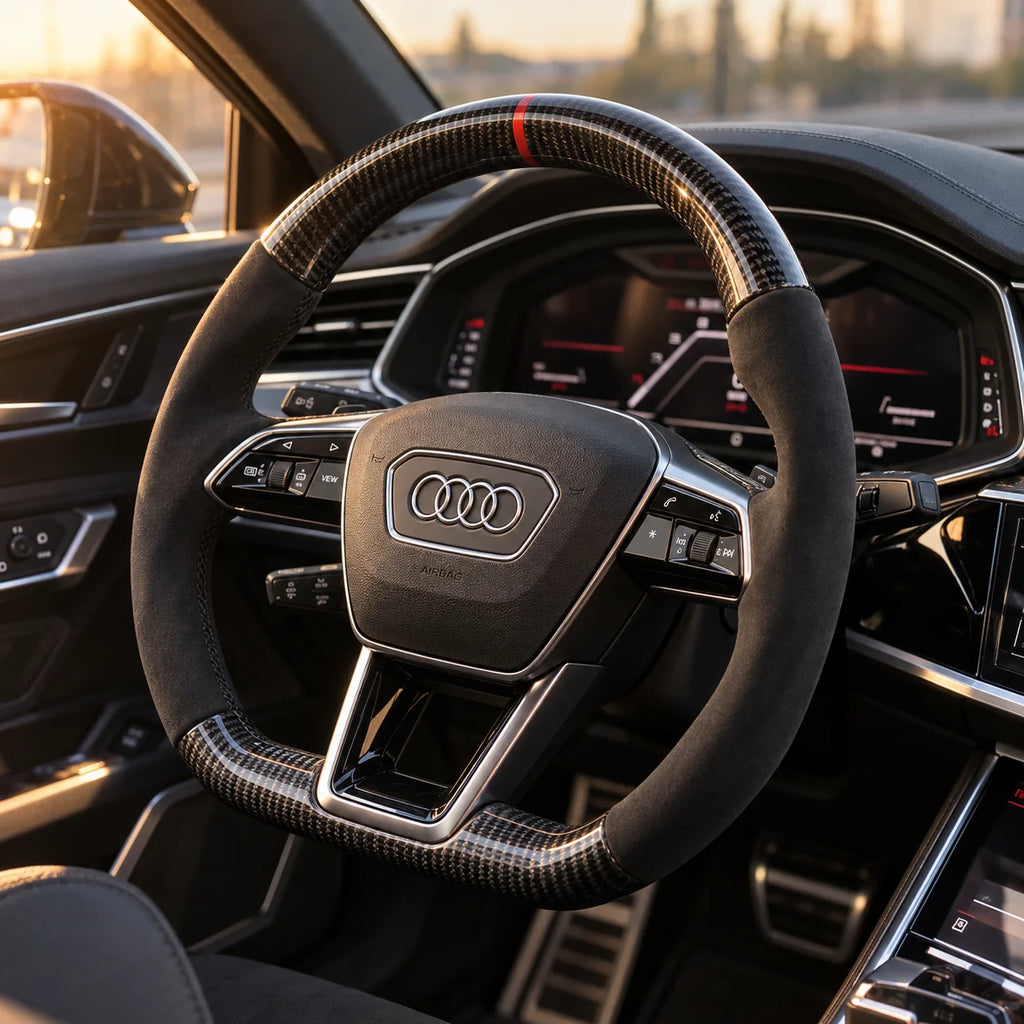 Audi RS6 C8 : volant monté vu depuis le siège passager, bas plat et carbone brillant