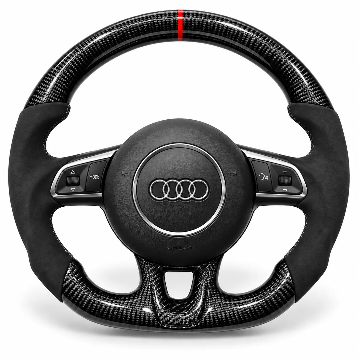 Volant carbone pour Audi TT 8J, R8 et RS3 8P vu de face, côtés en alcantara noir, repère rouge au sommet