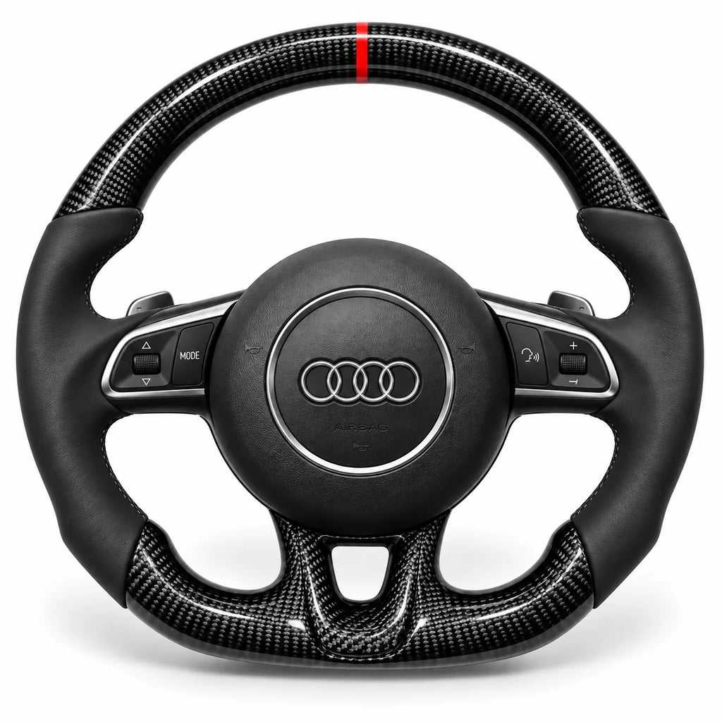 Version cuir lisse noir du même volant, haut et bas en carbone brillant, Audi TT 8J, R8 et RS3 8P