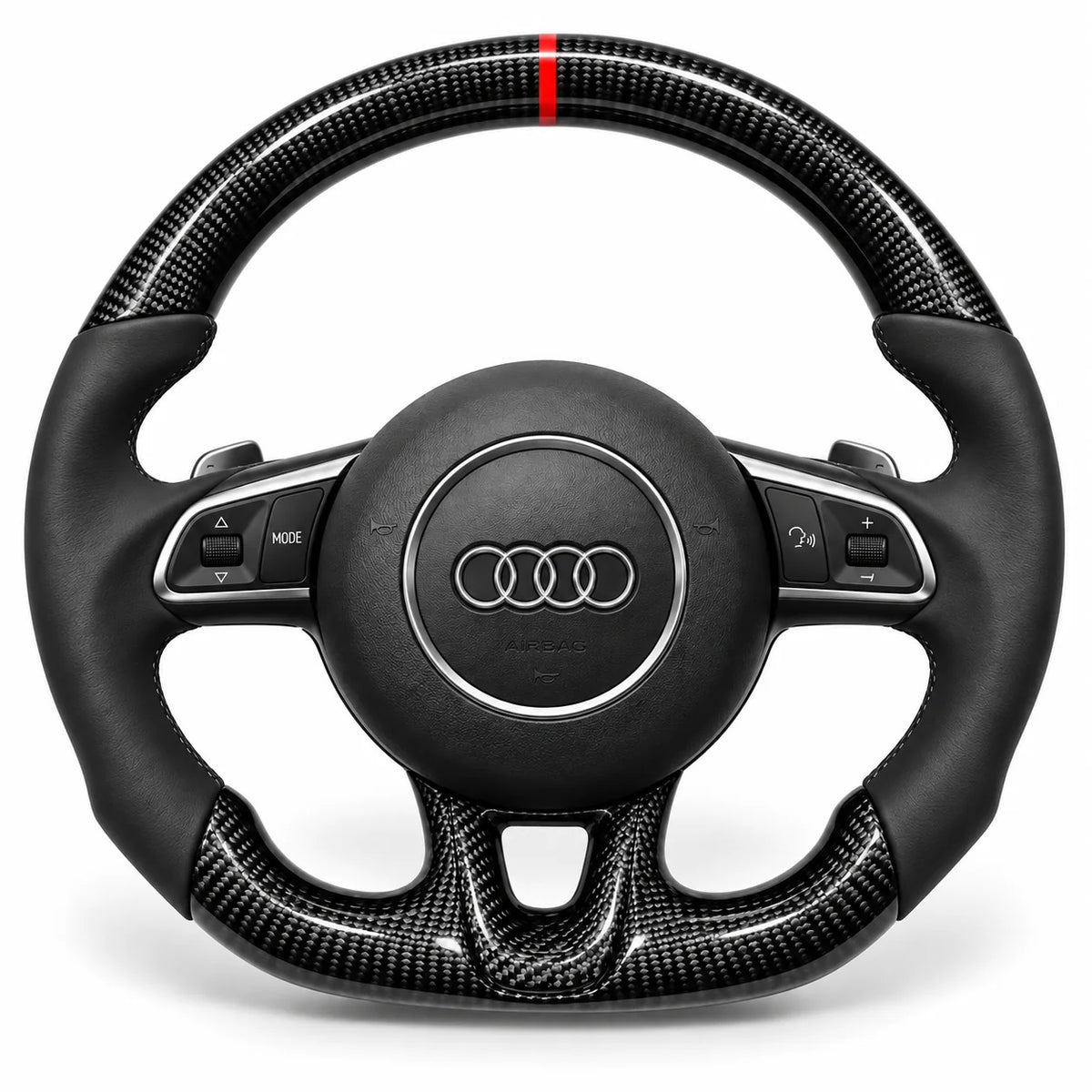 Version cuir lisse noir du même volant, haut et bas en carbone brillant, Audi TT 8J, R8 et RS3 8P