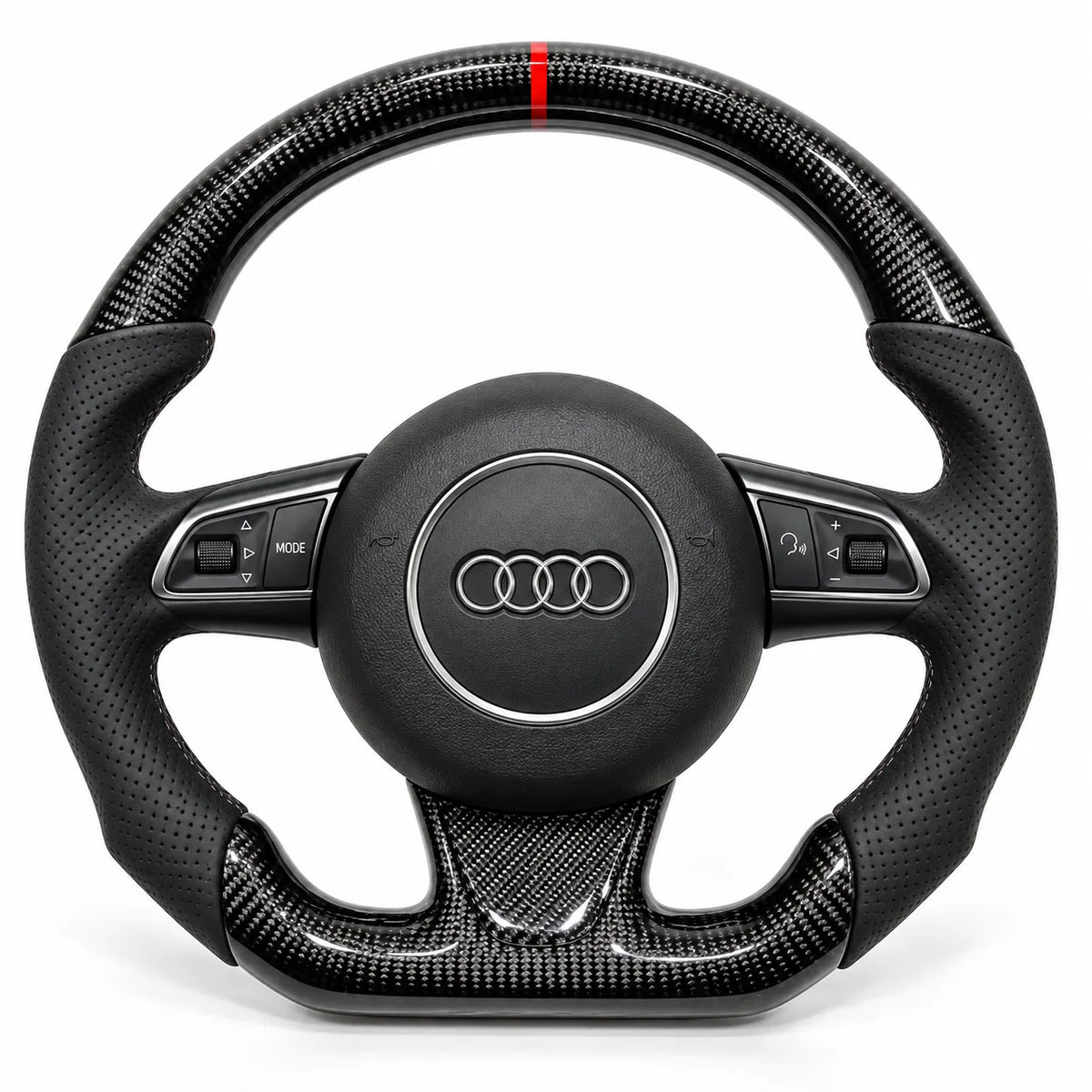 Version cuir perforé noir du même volant, haut et bas en carbone brillant, modèle Audi TT 8J