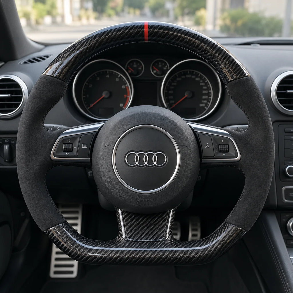 Volant carbone et alcantara monté dans une Audi TT 8J, vu depuis le siège conducteur
