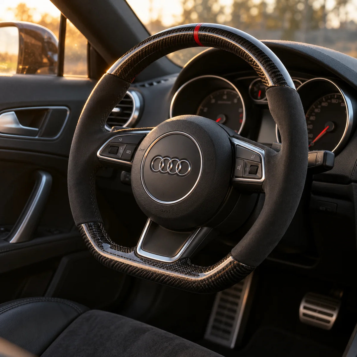 Audi TT 8J : volant monté vu depuis le siège passager, bas plat et carbone brillant