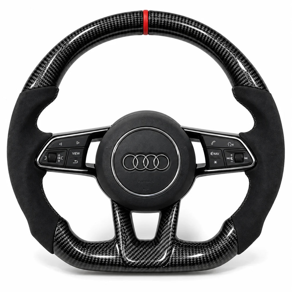 Volant carbone pour Audi TT 8S et R8 4S vu de face, côtés en alcantara noir, repère rouge au sommet