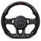 Volant carbone pour Audi TT 8S et R8 4S vu de face, côtés en alcantara noir, repère rouge au sommet