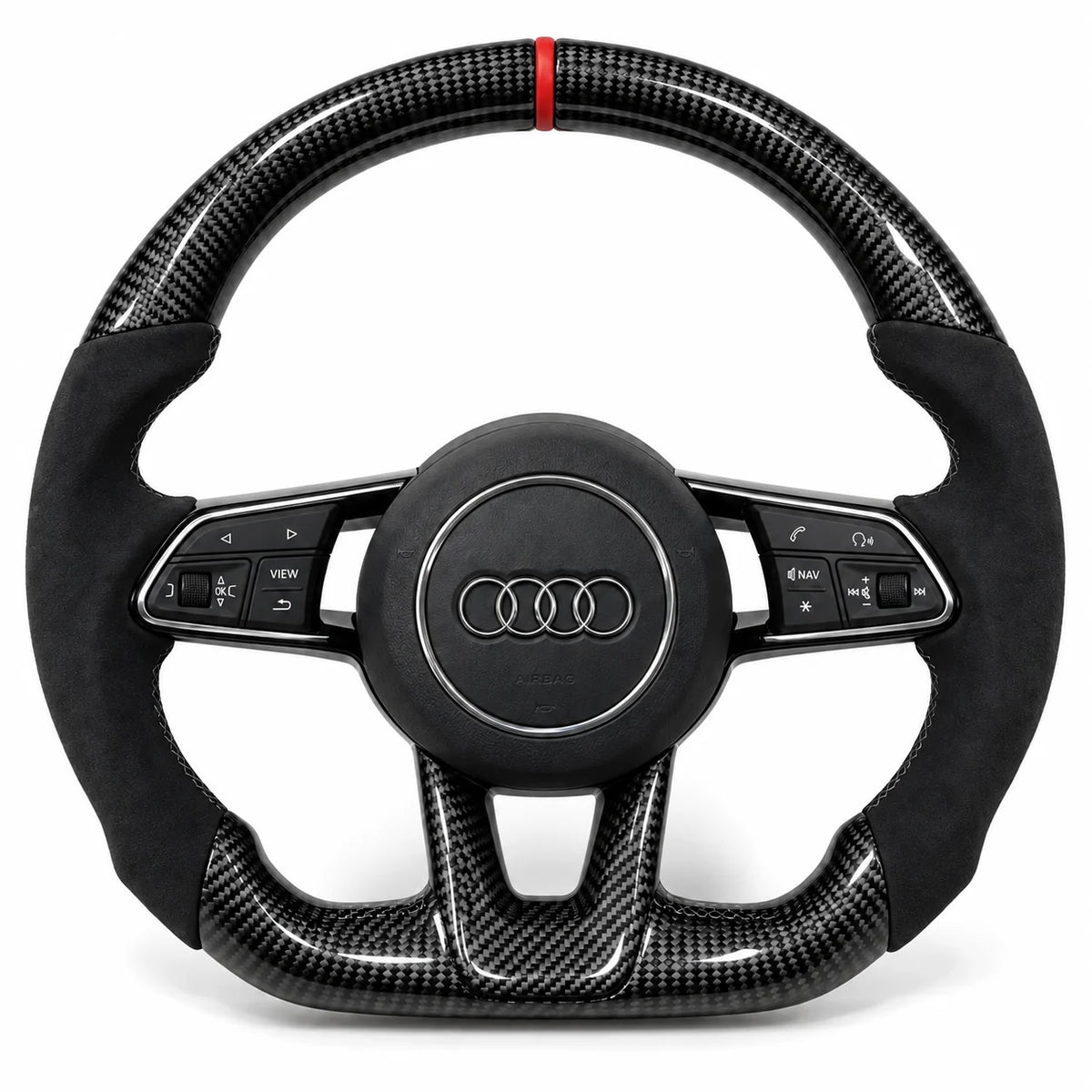 Volant carbone pour Audi TT 8S et R8 4S vu de face, côtés en alcantara noir, repère rouge au sommet