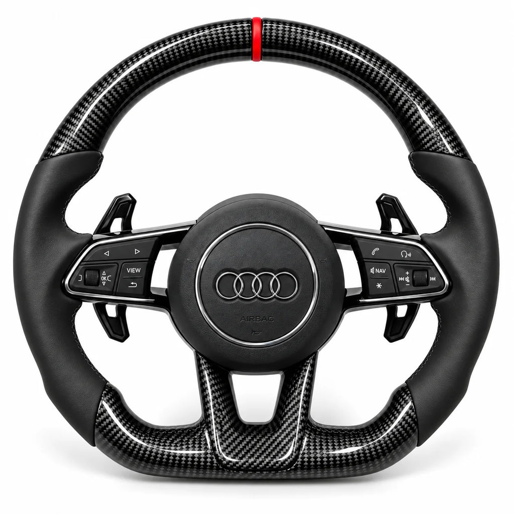 Version cuir lisse noir du même volant, haut et bas en carbone brillant, Audi TT 8S et R8 4S (palettes au volant en option, non comprises)