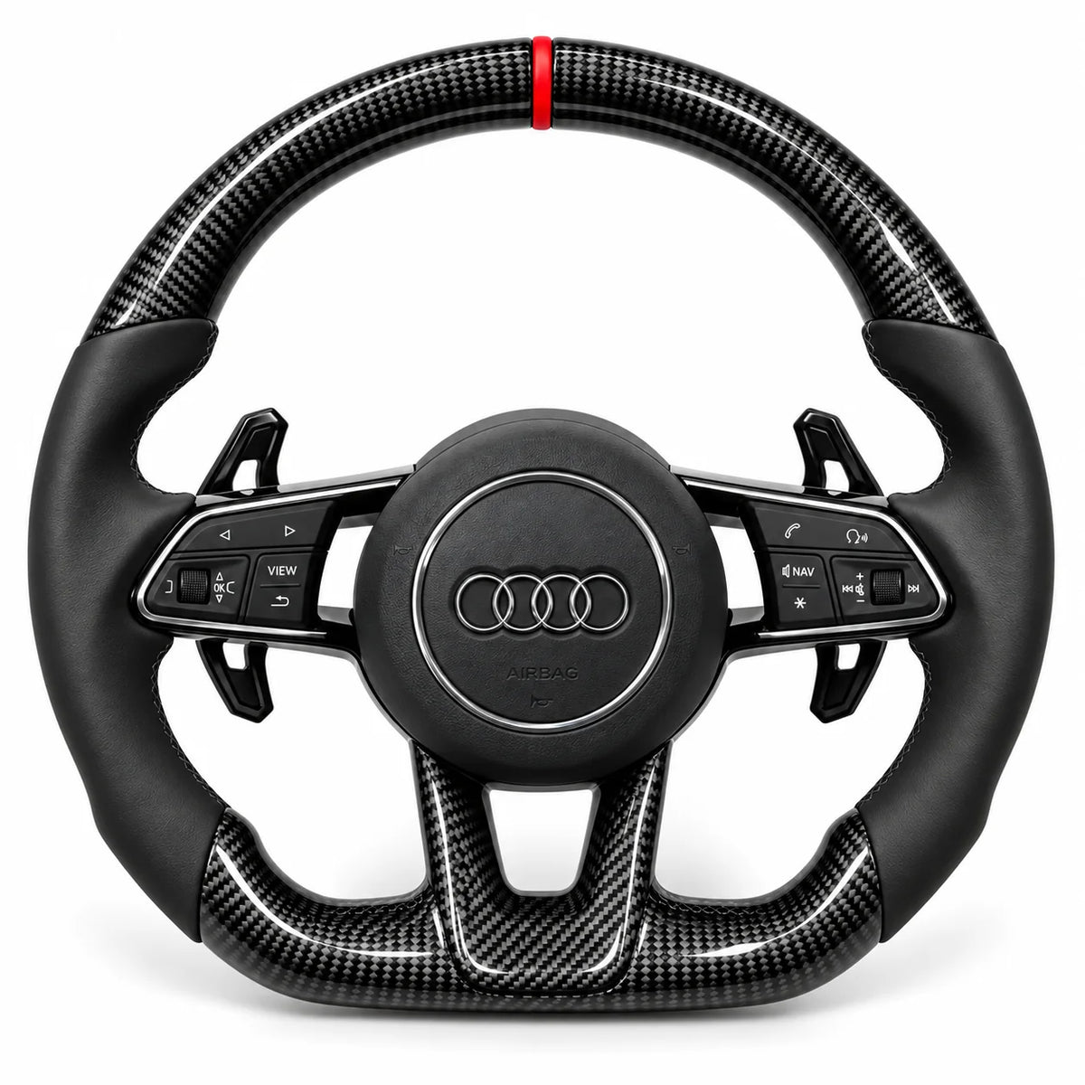 Version cuir lisse noir du même volant, haut et bas en carbone brillant, Audi TT 8S et R8 4S (palettes au volant en option, non comprises)