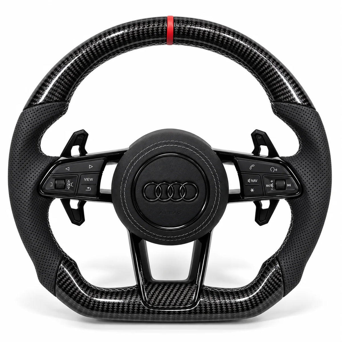 Version cuir perforé noir du même volant, haut et bas en carbone brillant, Audi TT 8S (palettes au volant en option, non comprises)