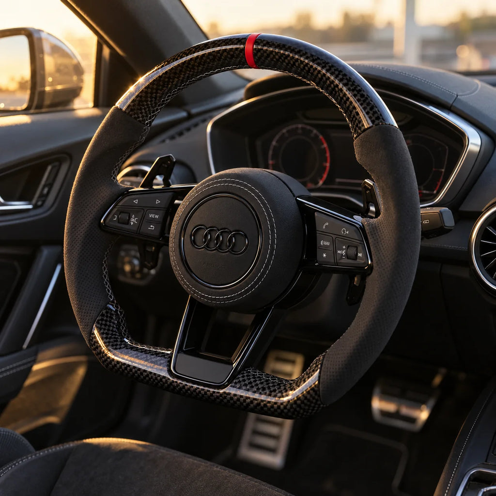 Audi TT 8S : volant monté vu depuis le siège passager, bas plat et carbone brillant