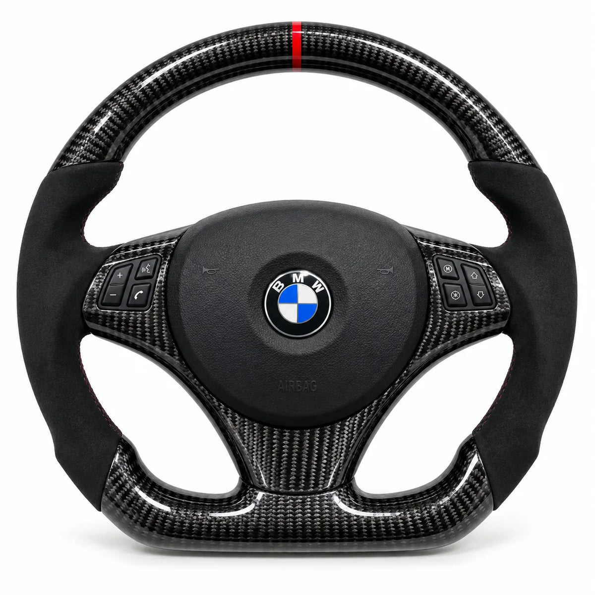 Volant carbone pour BMW E46, E9x et E8x vu de face, côtés en alcantara noir, repère rouge au sommet