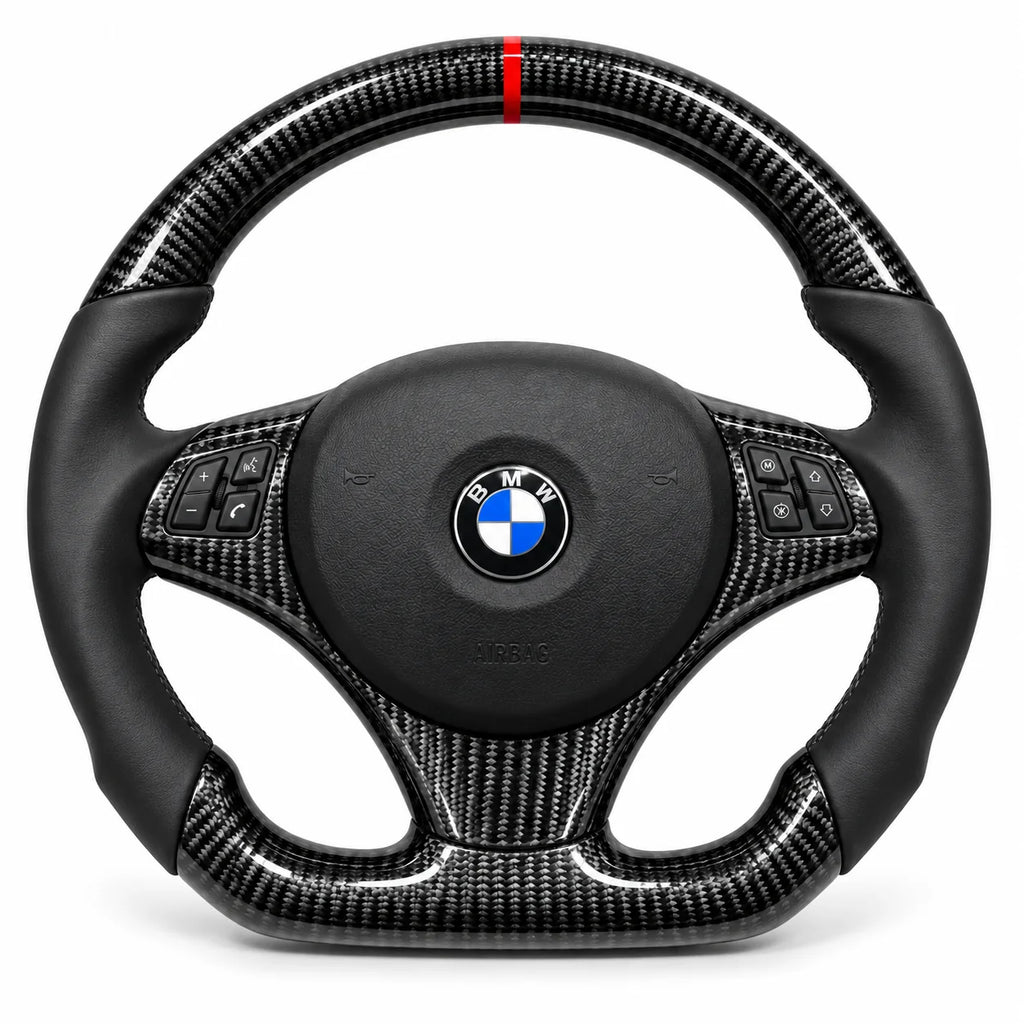 Version cuir lisse noir du même volant, haut et bas en carbone brillant, BMW E46, E9x et E8x