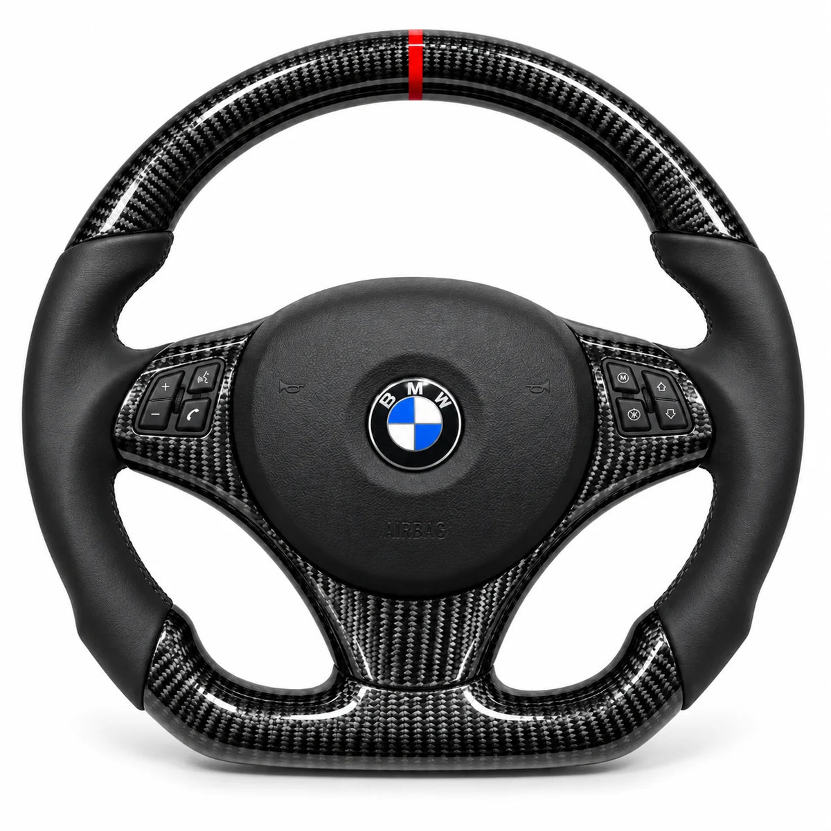 Version cuir lisse noir du même volant, haut et bas en carbone brillant, BMW E46, E9x et E8x