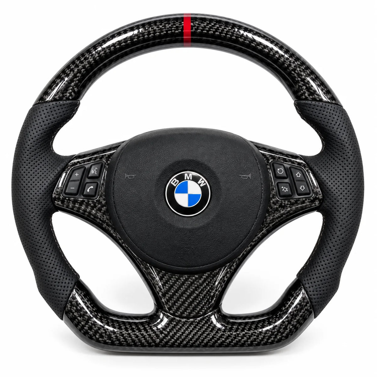 Version cuir perforé noir du même volant, haut et bas en carbone brillant, BMW E46